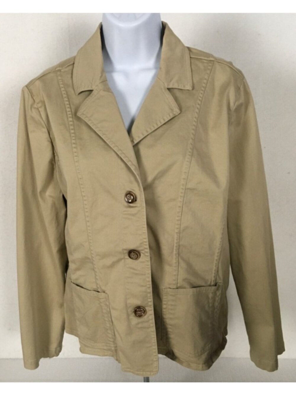 CJ Banks Jacket Size M Beige Button Front Long Sleeves Pockets Short Stretch
